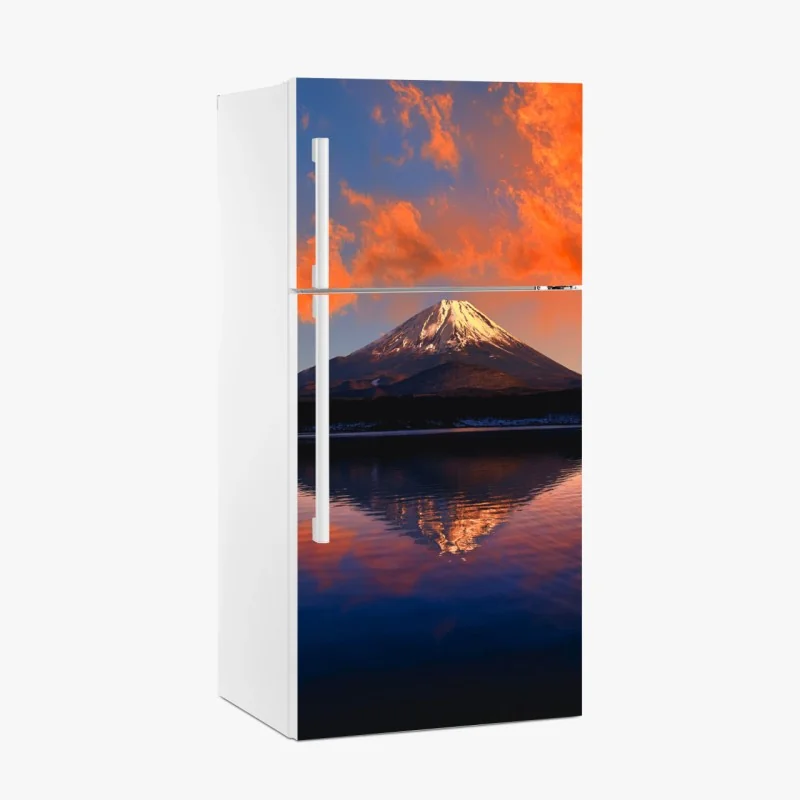 Pegatina para frigorífico puesta de sol en Monte Fuji con reflejo sobre el lago