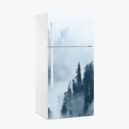 Pegatina para frigorífico bosque de coníferas entre niebla – Pixers®