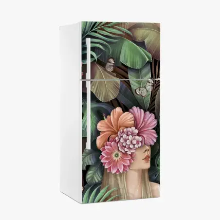 Pegatina para frigorífico mujer floral entre hojas tropicales – Pixers®