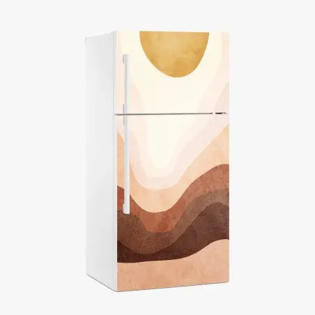 Pegatina para frigorífico paisaje abstracto en tonos tierra con sol dorado – Pixers®