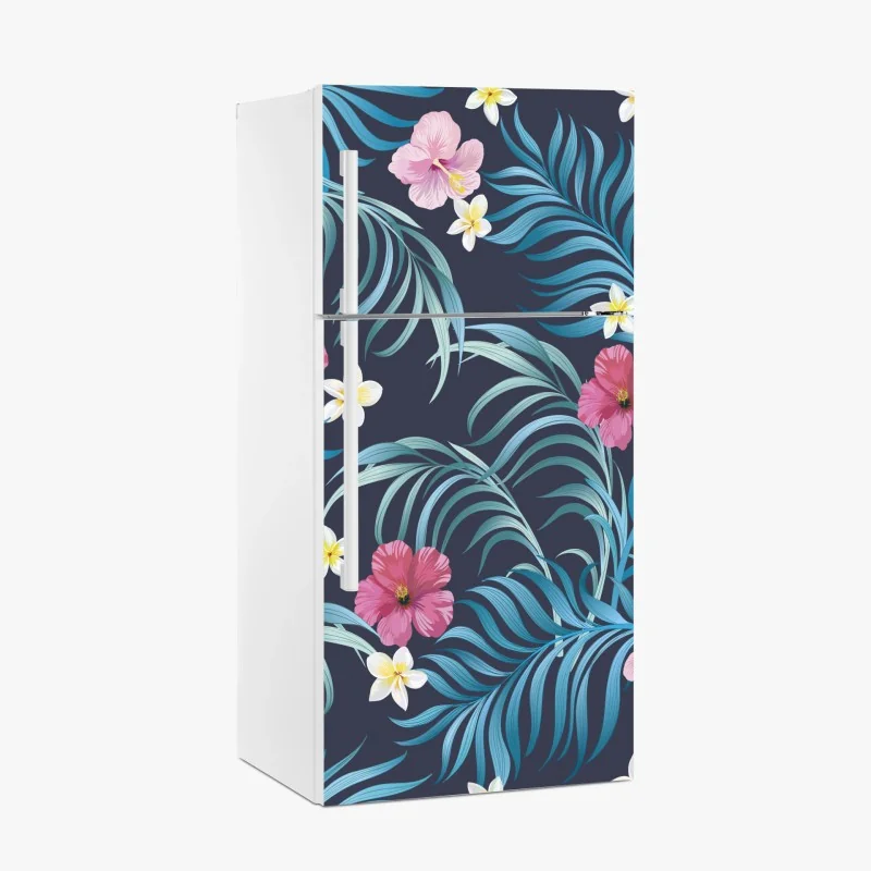 Pegatina para frigorífico patrón floral tropical con hojas azules y hibiscos