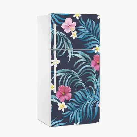 Pegatina para frigorífico patrón floral tropical con hojas azules y hibiscos – Pixers®