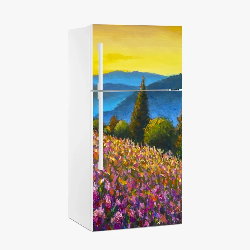 Pegatina para frigorífico amanecer en campos de lavanda