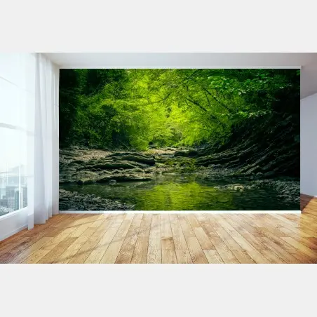 Fotomural serenidad del arroyo en bosque verde – Pixers®