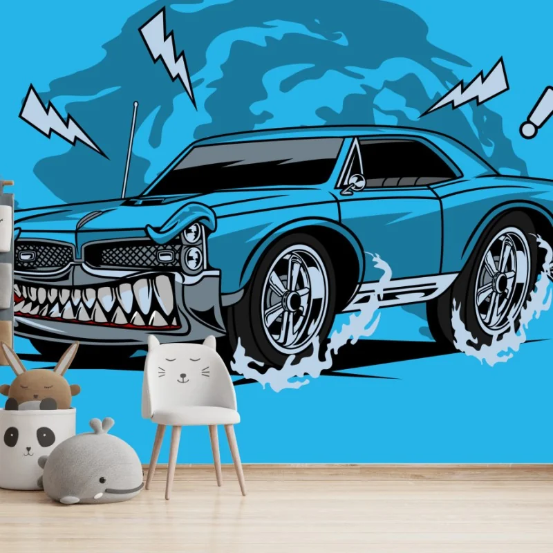 Fotomural monstruo sobre ruedas: coche azul agresivo