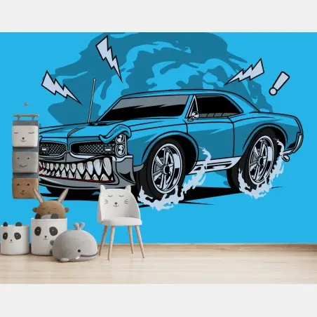 Fotomural monstruo sobre ruedas: coche azul agresivo – Pixers®