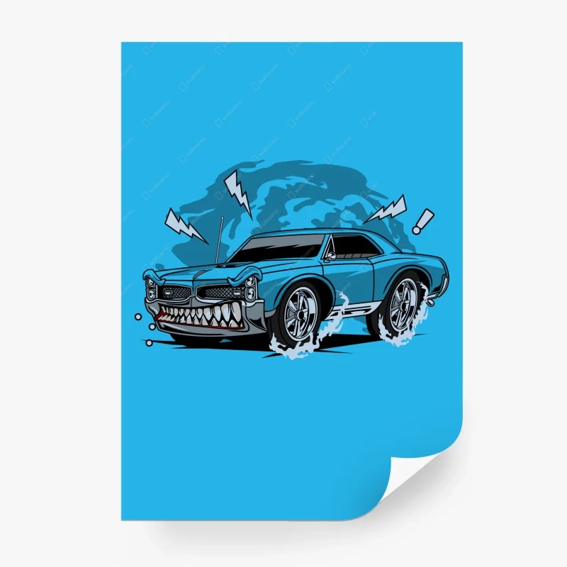 Fotomural monstruo sobre ruedas: coche azul agresivo