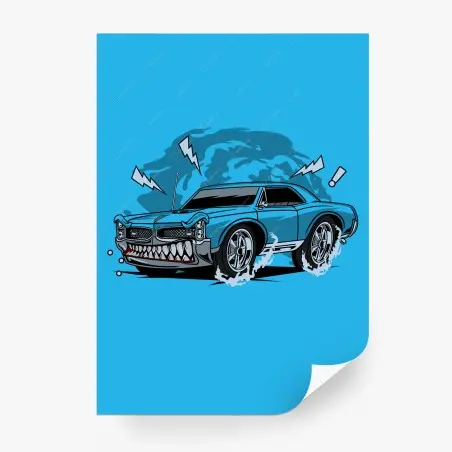 Fotomural monstruo sobre ruedas: coche azul agresivo – Pixers®