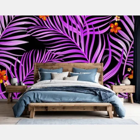 Fotomural estampa tropical de hojas moradas y flores rojas – Pixers®