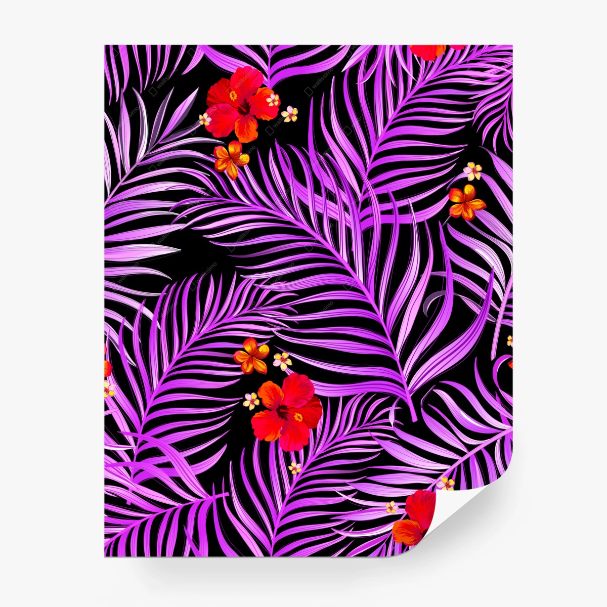 Fotomural estampa tropical de hojas moradas y flores rojas – Pixers®