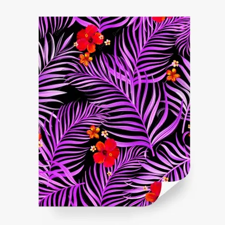 Fotomural estampa tropical de hojas moradas y flores rojas – Pixers®
