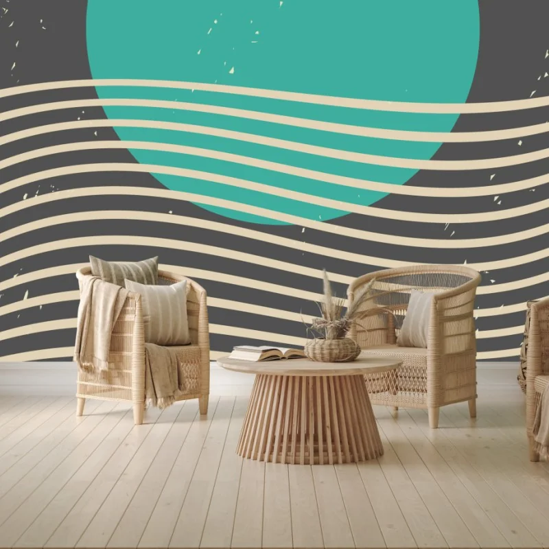 Fotomural sol turquesa sobre olas minimalistas