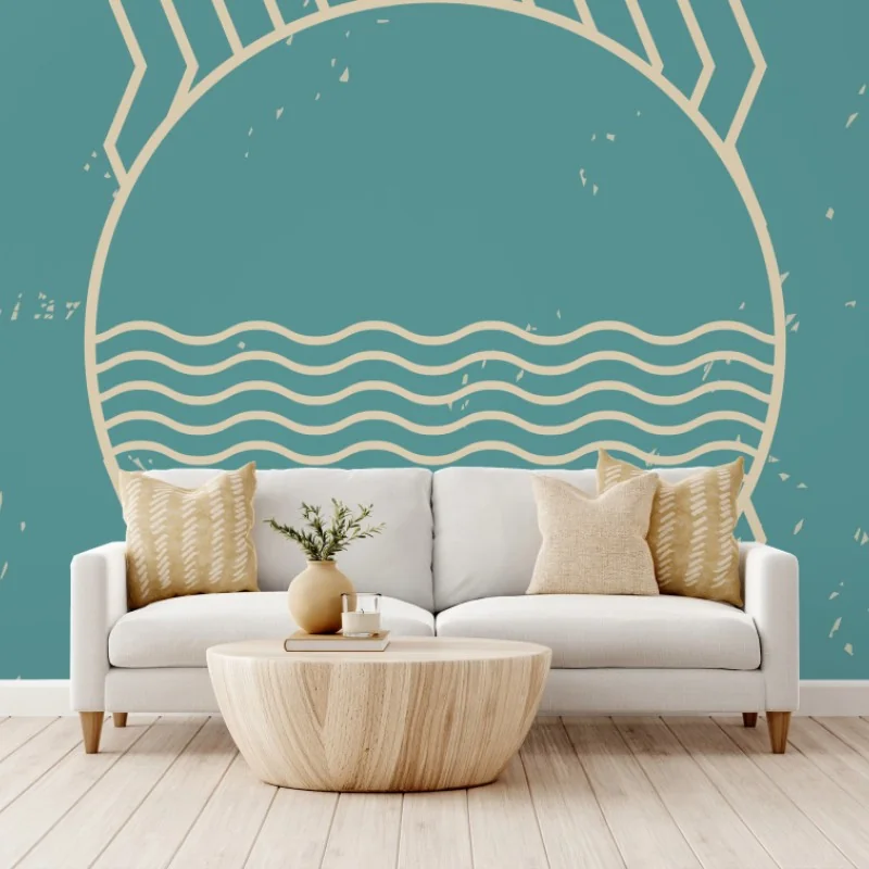 Fotomural sol geométrico y olas en estilo retro