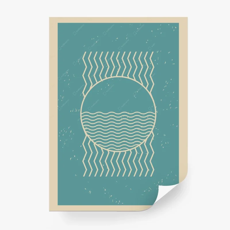Fotomural sol geométrico y olas en estilo retro