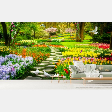 Fotomural jardín primaveral de colores vivos – Pixers®