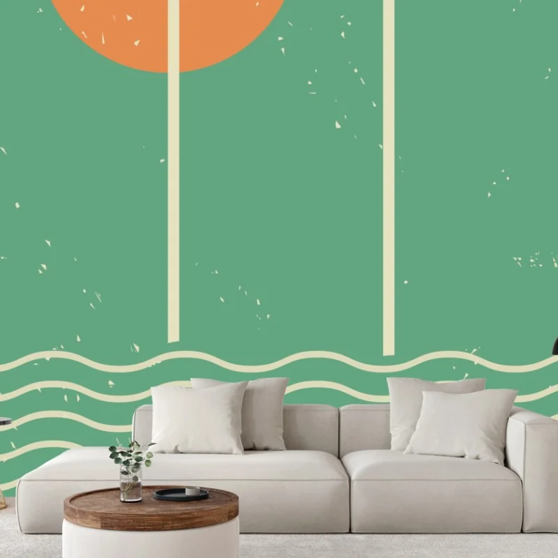 Fotomural sol y escalera sobre olas en estilo retro