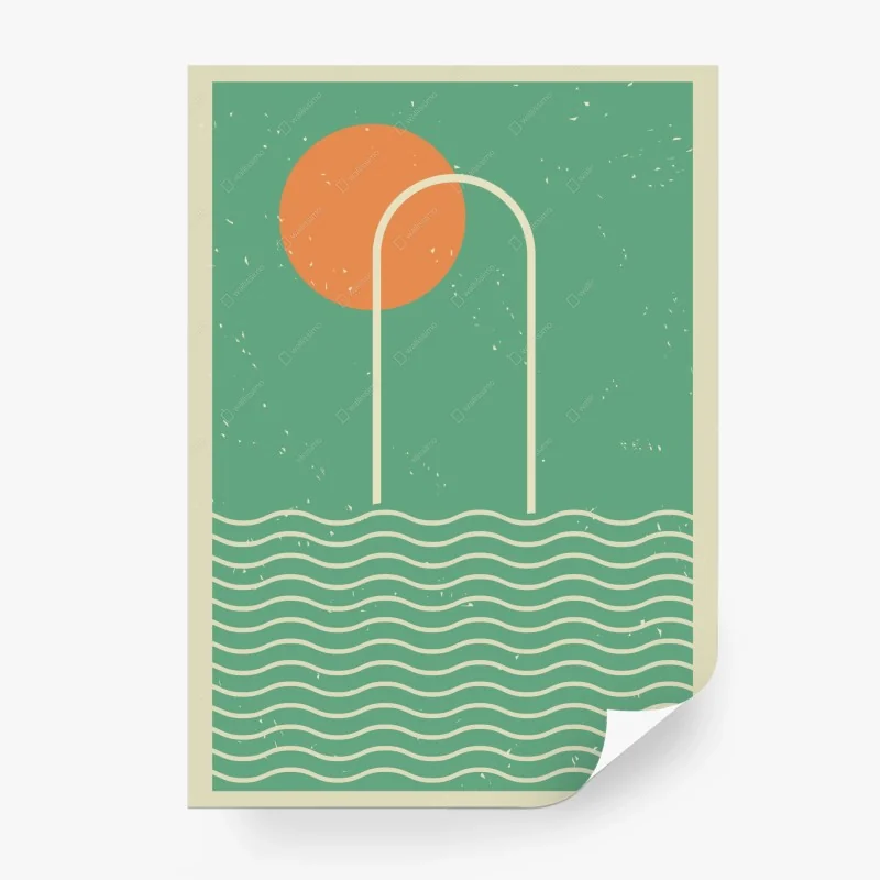 Fotomural sol y escalera sobre olas en estilo retro