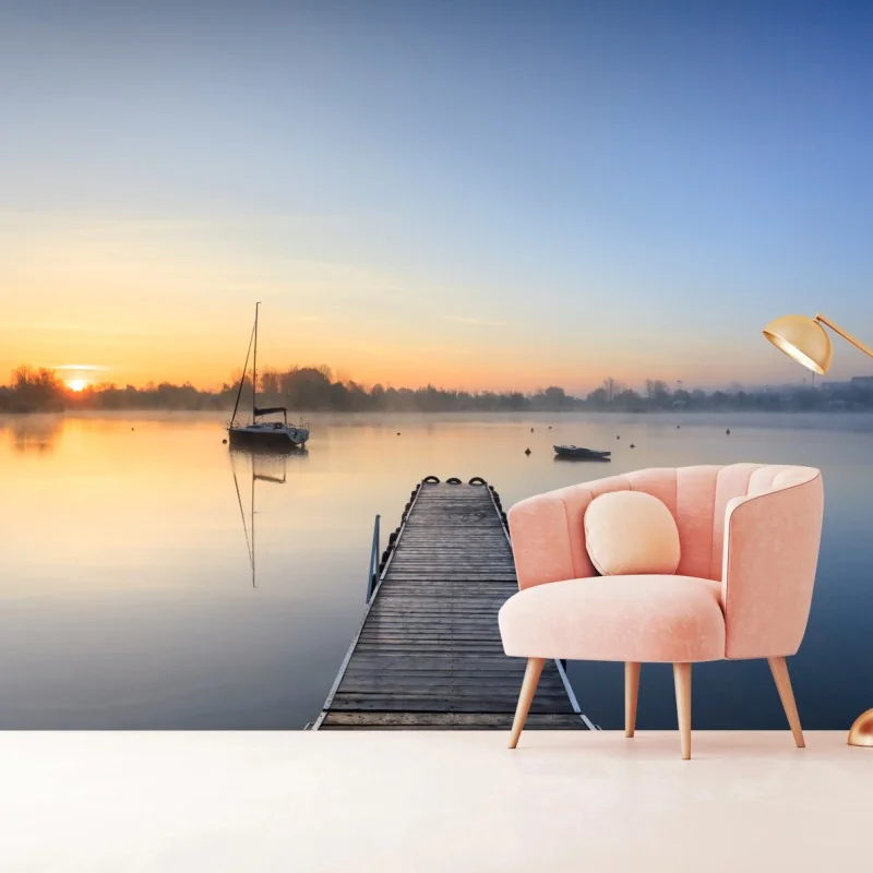 Fotomural muelle al amanecer sobre lago sereno
