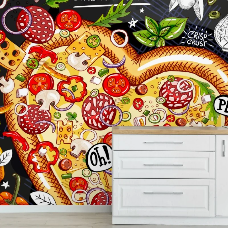 Fotomural pizzería ilustrada con pizza en forma de corazón