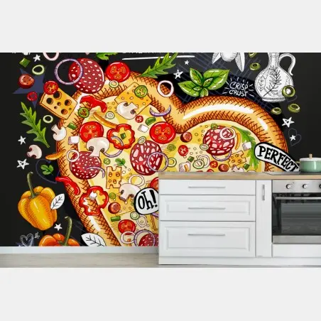 Fotomural pizzería ilustrada con pizza en forma de corazón – Pixers®
