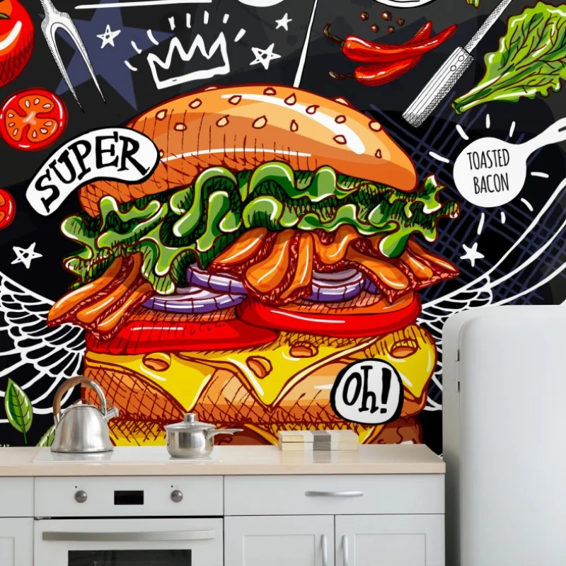 Fotomural hamburguesa gourmet ilustrada en pizarra