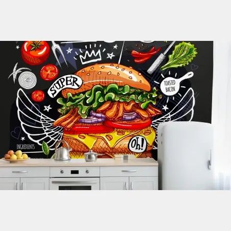 Fotomural hamburguesa gourmet ilustrada en pizarra – Pixers®