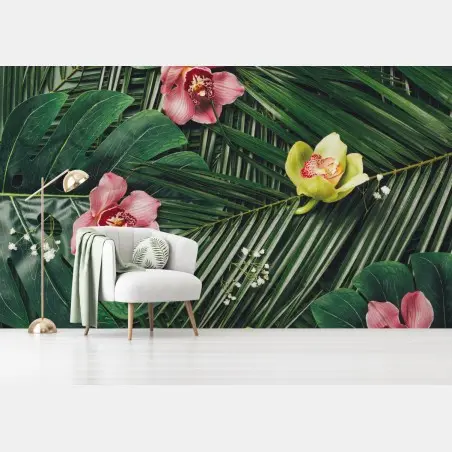 Fotomural selva floral: composición tropical de orquídeas – Pixers®