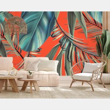 Fotomural hojas tropicales en contraste coral – Pixers®