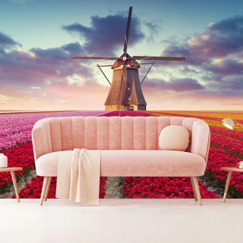 Fotomural tulipanes y molino al atardecer