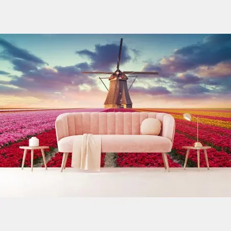 Fotomural tulipanes y molino al atardecer – Pixers®