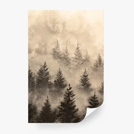 Fotomural paisaje brumoso de abetos en tonos sepia – Pixers®