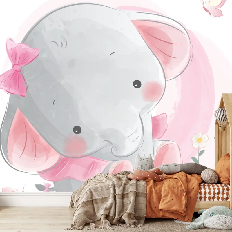 Fotomural elefante bebé en tonos rosas para decoración infantil