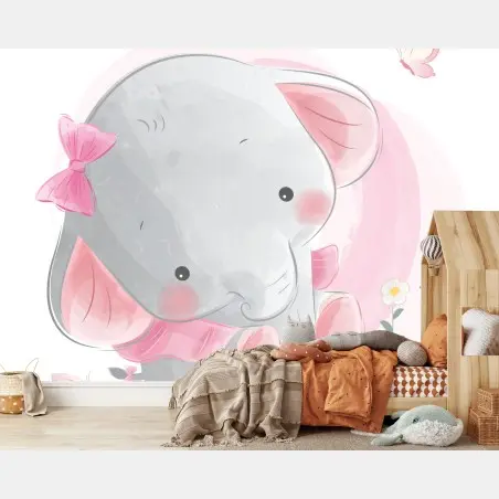 Fotomural elefante bebé en tonos rosas para decoración infantil – Pixers®