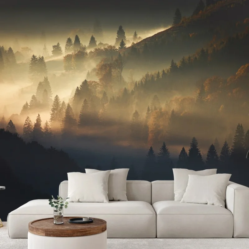 Fotomural paisaje boscoso envuelto en niebla dorada