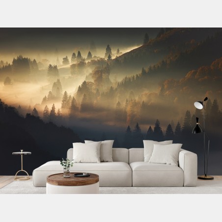 Fotomural paisaje boscoso envuelto en niebla dorada – Pixers®
