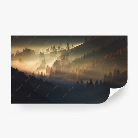 Fotomural paisaje boscoso envuelto en niebla dorada – Pixers®