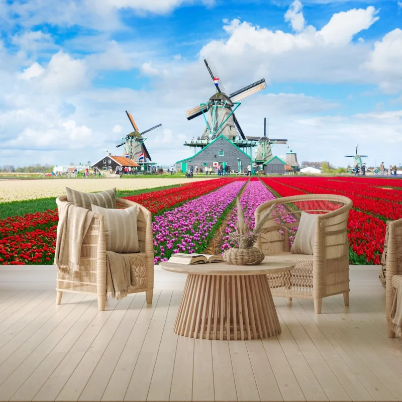 Fotomural paisaje de tulipanes y molinos de viento
