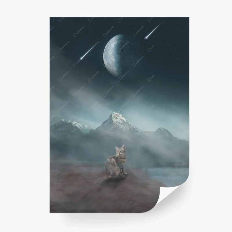 Fotomural gato bajo la luna en paisaje místico