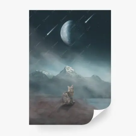 Fotomural gato bajo la luna en paisaje místico – Pixers®