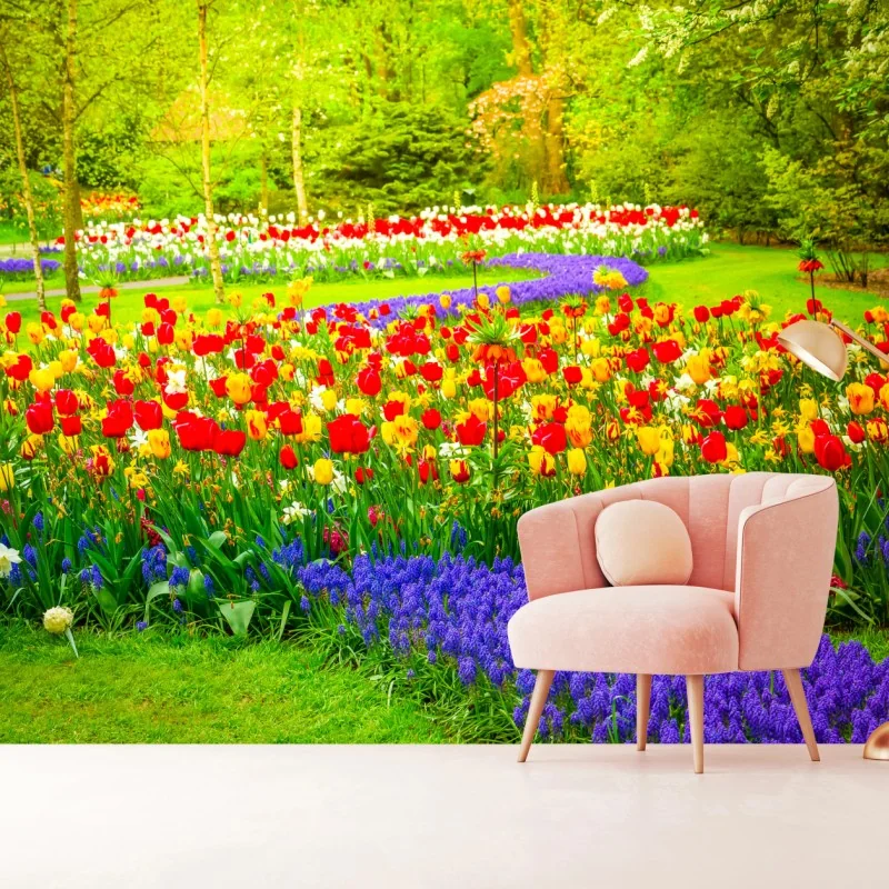 Fotomural jardín de tulipanes en primavera