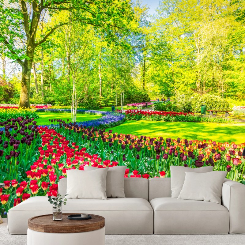 Fotomural jardín de tulipanes en primavera