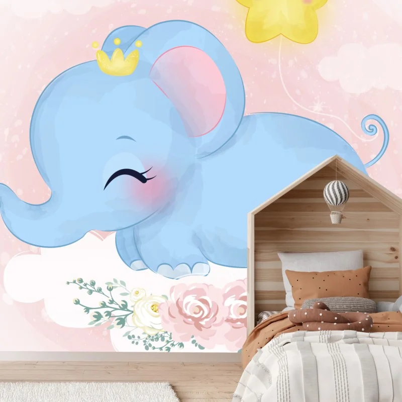 Fotomural elefante azul en nube floral
