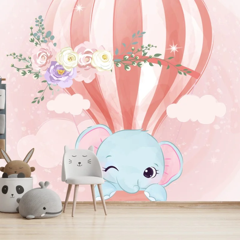 Fotomural elefante en globo aerostático rosa