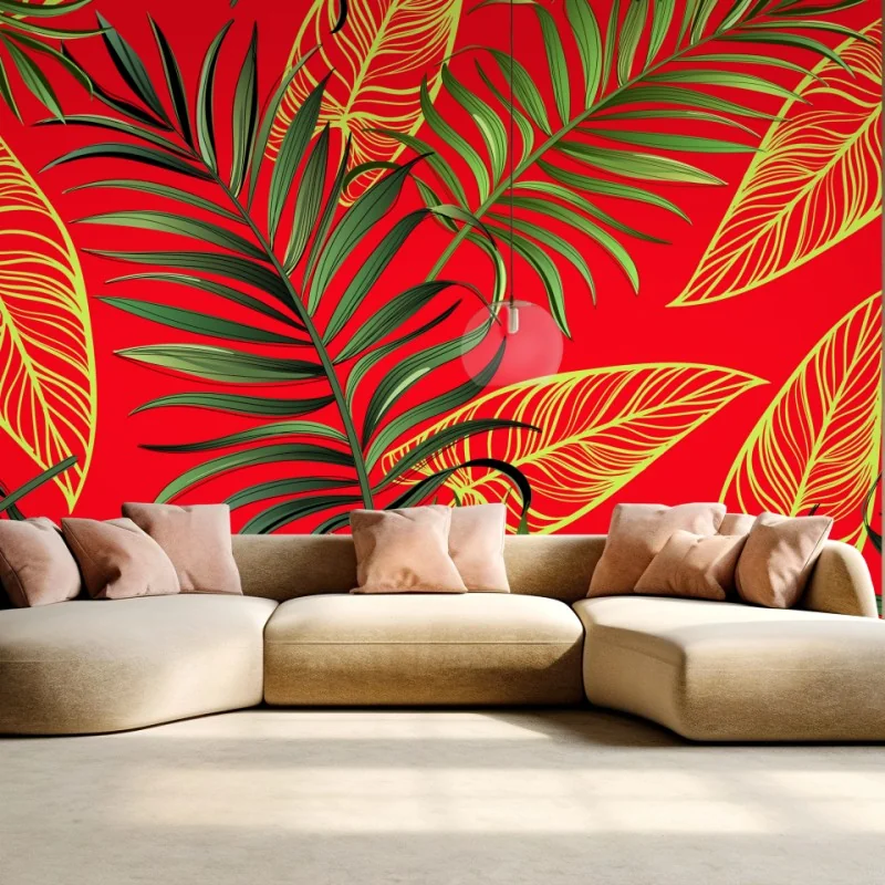 Fotomural estampado de hojas tropicales sobre fondo rojo
