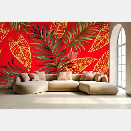 Fotomural estampado de hojas tropicales sobre fondo rojo – Pixers®