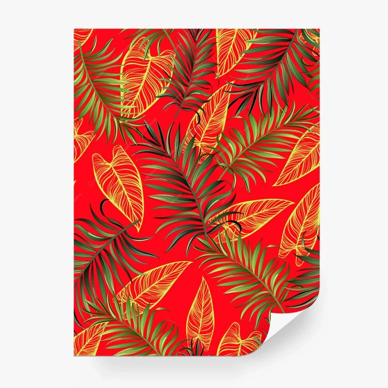Fotomural estampado de hojas tropicales sobre fondo rojo