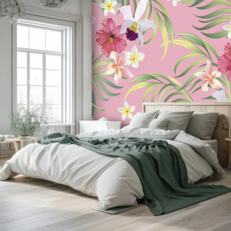 Fotomural mural floral tropical en tono rosa