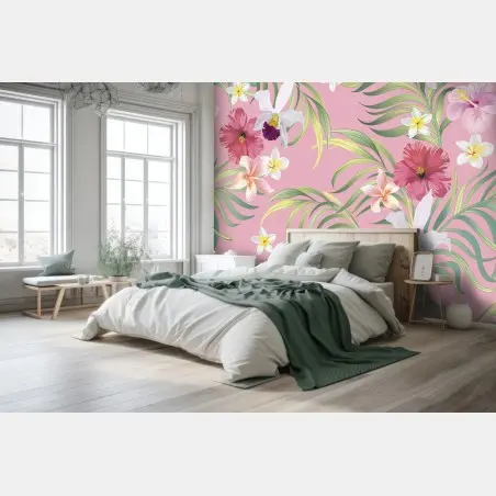 Fotomural mural floral tropical en tono rosa – Pixers®