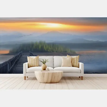 Fotomural lago brumoso al amanecer con muelle – Pixers®