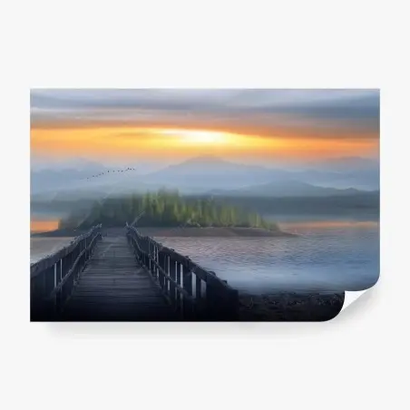 Fotomural lago brumoso al amanecer con muelle – Pixers®